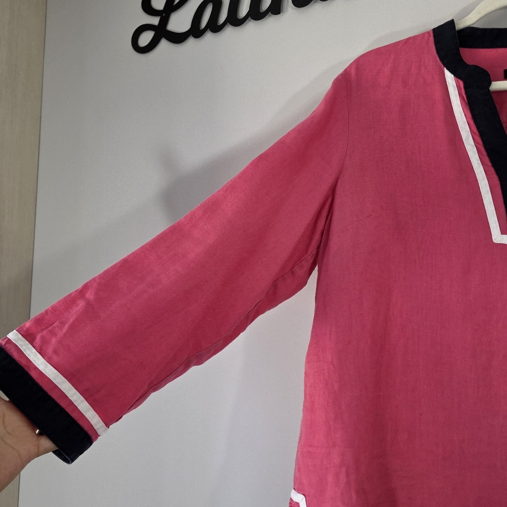 Talbots 100% Linen Long Sleeve Tunic Top Blouse Shirt Pink Navy Women's Large - Picture 4 of 9